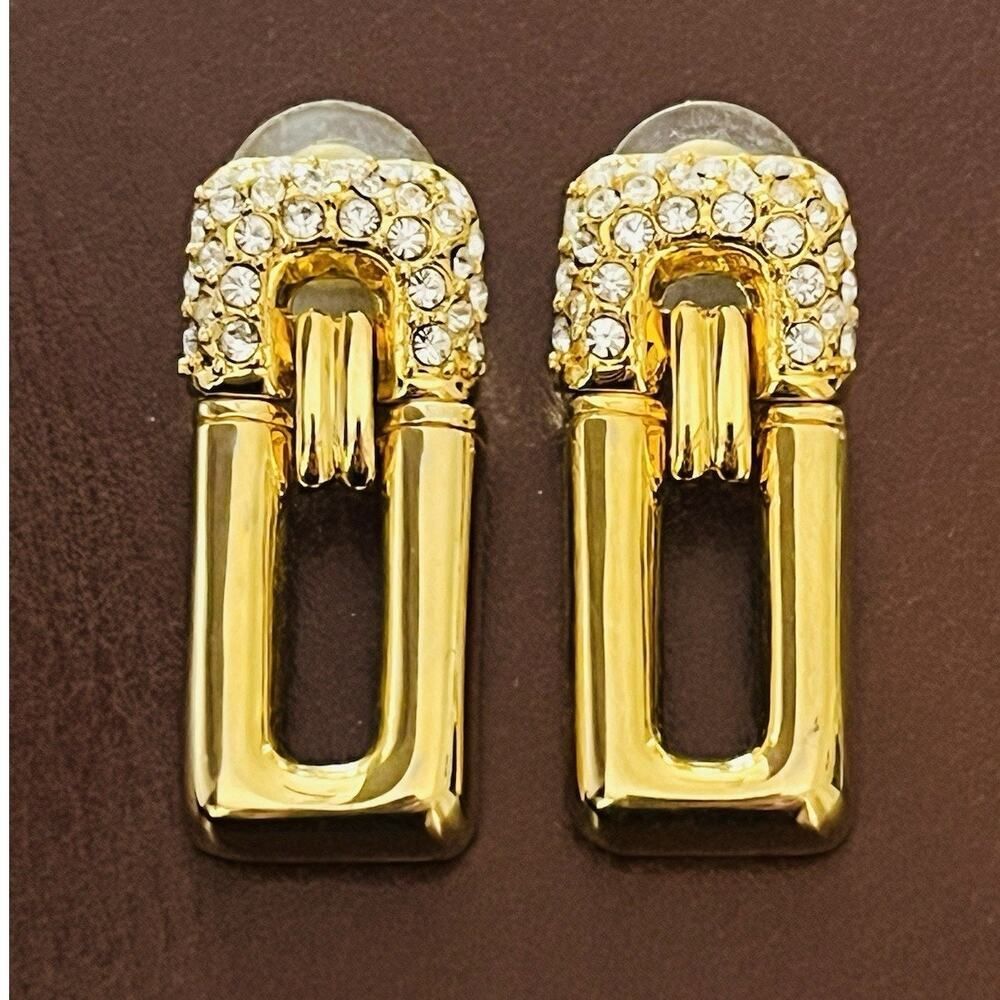 Park Lane Gold-Tone Rhinestone Pave Pierced Earrings Vintage 1.5” Door Knocker
